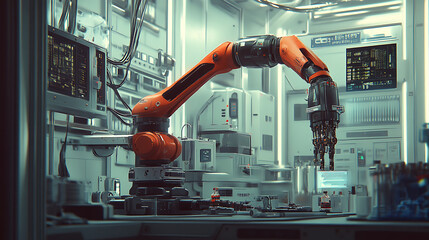 Leinwandbilder - Vertical animation , Futuristic robotic arm in a high-tech laboratory environment