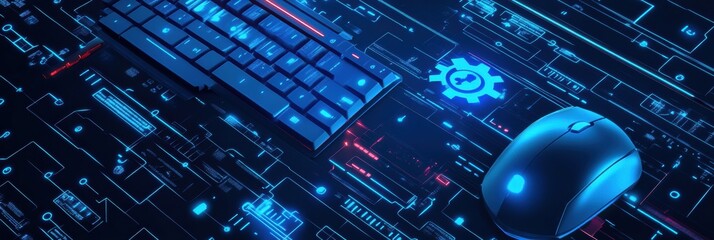 Aufkleber - A sleek computer keyboard paired with a mouse sits atop a glowing digital circuit pattern, showcasing modern technology in action. Generative AI