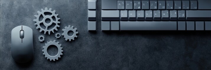 Aufkleber - A sleek keyboard along with a mouse and several gears placed on a dark surface, reflecting a tech-savvy work environment. Generative AI