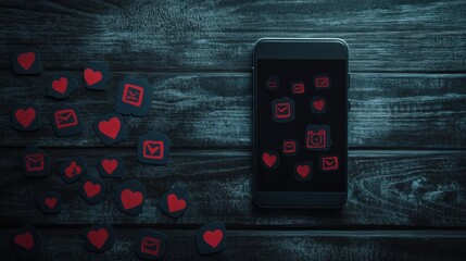 Poster - A smartphone rests on a wooden surface with various notification icons around it, illustrating social media interactions in modern life. Generative AI