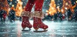 © homeganko - Red ice skate on frozen surface with festive lights in the background during winter holiday season