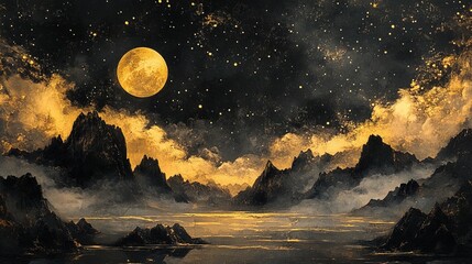 majestic golden and black night sky with moon stars and clouds abstract painting