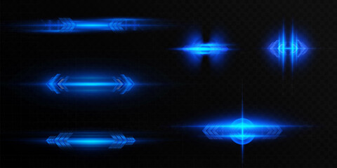Leinwandbilder - A vibrant set of abstract blue tech lighting effects. Vibrant futuristic horizontal flashes of blue glow with arrow highlights and explosions of glow.