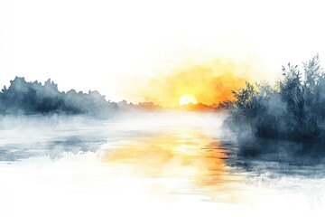 Wall Mural - a beautiful watercolor painting of a sunset over a calm lake, perfect for use in travel or nature-th
