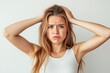 © Fotograf - A woman holding her head in front of her face, expressionless