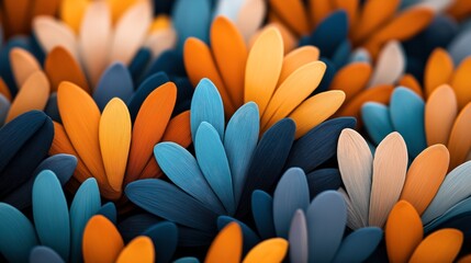 Wall Mural - Close-up of abstract multicolored petal shapes in vibrant shades of orange, blue, and beige, arranged in a harmonious pattern, evoking the appearance of a floral composition.