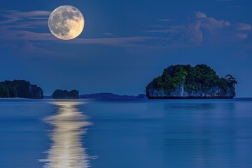 Wall Mural - a full moon rises above the surface of calm water