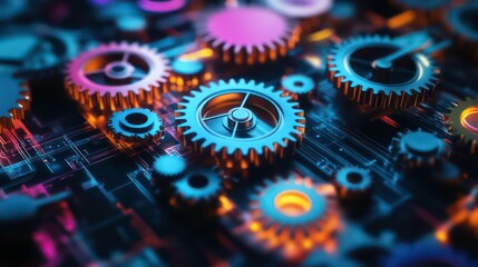 colorful and abstract of interconnected gears and cogs representing the mechanisms processes and tec