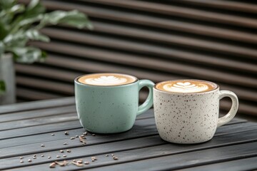 A peaceful moment with two cups of latte art on a wooden table surrounded by greenery