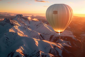 Wall Mural - A hot air balloon soaring above a snowy mountain range, ideal for winter or adventure-themed projects