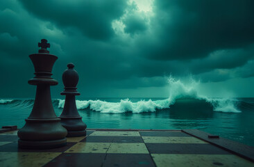 Dramatic scene on a chessboard with white pieces under a dark sky.