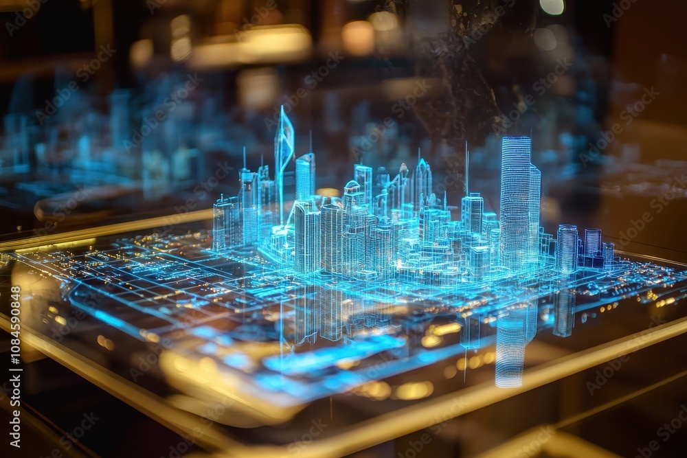 Futuristic Cityscape Model Display in Neon Lights with Digital ...