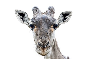 Canvas Print - Close-up shot of a giraffe's face on a white background, suitable for wildlife or educational uses