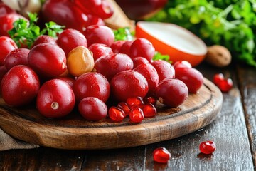 Sticker - A colorful arrangement of fruits and vegetables on a wooden cutting board, ideal for food styling or photography