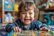 © dyshlivenko - A cheerful toddler lies on the floor, smiling widely while surrounded by vibrant building blocks. The room is colorful and filled with toys, creating a joyful atmosphere