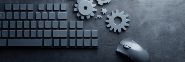 Aufkleber - A keyboard is positioned alongside a mouse and several gears on a dark tabletop, representing technology and efficiency themes. Generative AI