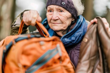 Wall Mural - A senior woman hiking through the woods with her backpack, suitable for travel or outdoor adventure concepts
