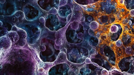 Fototapete - Intricate cellular structures interconnected in vibrant colors, depicting the complexity of biological systems. Generative AI