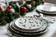 © Fotograf - A table set for Christmas dinner with plates and silverware, perfect for holiday gatherings