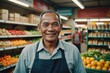 © ThomasLENNE - Close portrait of a smiling senior Cambodian male grocer standing and looking at the camera, Cambodian grocery store blurred background
