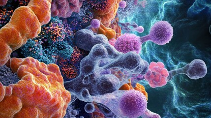 Fototapete - Explore an intricate arrangement of vibrant cells and structures revealing the diversity and complexity of microscopic life at close range. Generative AI