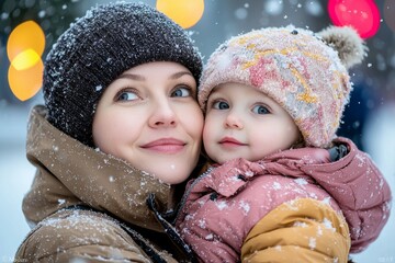 Wall Mural - A woman and her child are standing in the snow, both wearing hats