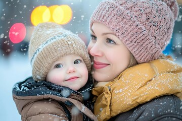 Wall Mural - A woman and a child are standing in the snow, both wearing hats