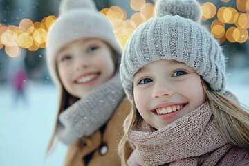 Wall Mural - Two young girls wearing hats and scarves are smiling for the camera