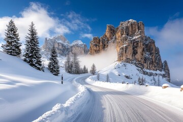 Wall Mural - A snowy mountain road with a few trees in the background