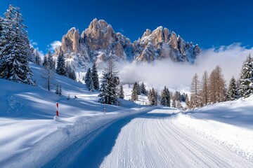 Wall Mural - A snow covered road with a red and white sign on the side