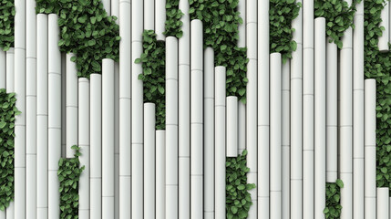 Canvas Print - Abstract vertical arrangement of gray cylindrical structures with green leaves interspersed, creating a modern and minimalist natural wall design.