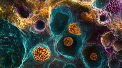 Fototapete - Explore the fascinating world of microscopic cells and structures showcasing complex biological forms in rich hues and patterns. Generative AI
