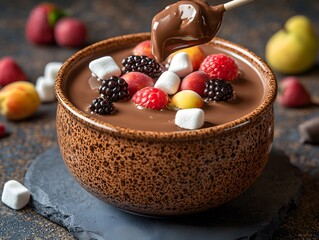 Wall Mural - A bowl of chocolate fondue topped with fruits and marshmallows for a delightful dessert experience.