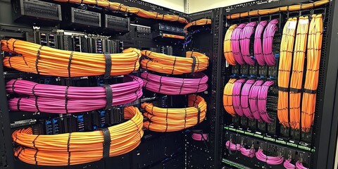 Poster - Organized Bundles of Pink and Orange Network Cables in a Server Rack