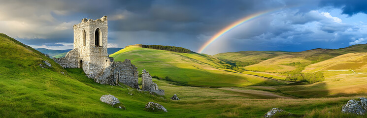 Scenic landscape featuring a ruined structure and a vibrant rainbow over rolling hills.