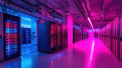 Fototapete - Rows of Server Racks in a Modern Data Center with Neon Lighting