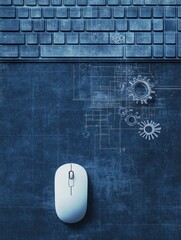 Aufkleber - A keyboard is placed above a mouse, accompanied by a gear design symbolizing productivity and efficiency in a modern workspace. Generative AI