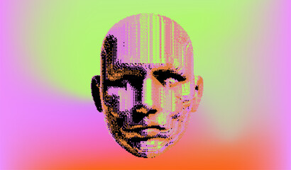 Aufkleber - Vibrant digital portrait in vivid color palette.Vector illustration of a human face rendered with bold gradients and pixel-like details.