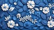 © altitudevisual - Abstract floral paper art composition featuring overlapping blue and white leaves and flowers on a blue background, showcasing intricate cut-out details and layered designs.