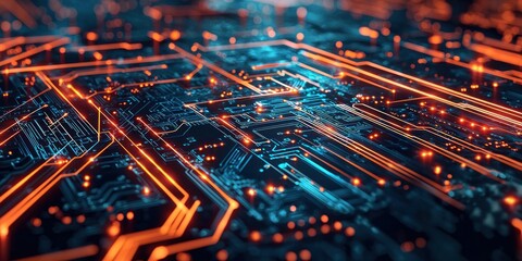 Poster - Close-up of a Circuit Board with Glowing Orange Lines