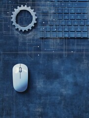 Aufkleber - A keyboard sits alongside a mouse and gear overlay, representing the intersection of technology and innovation in a modern workspace. Generative AI
