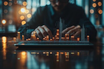 Poster - A Man's Hand Interacting with a Digital Skyline on a Tablet
