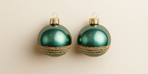 Sticker - Two Elegant Green Christmas Ornaments With Gold Detailing Hanging Against a Soft Beige Background, Perfect for Holiday Decorations and Festive Celebrations During Winter