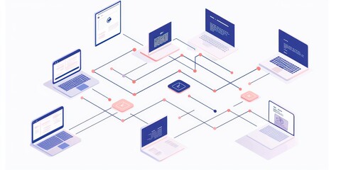 Aufkleber - Network of Interconnected Laptops with  Red and Blue Connections