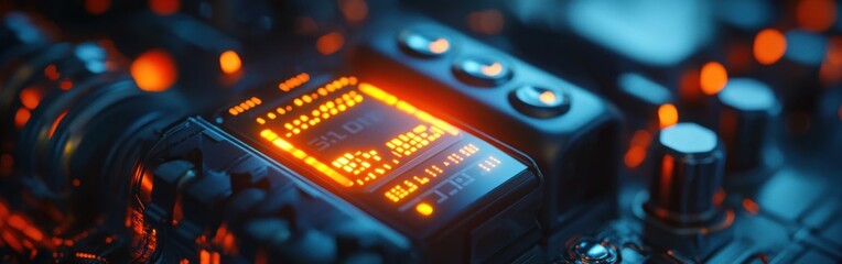 Close-up of a glowing digital display on a futuristic device with buttons and knobs.