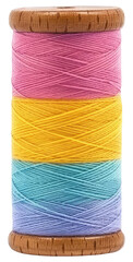 A colorful spool of thread featuring pink, yellow, blue, and purple layers, showcasing vibrant hues perfect for sewing projects.