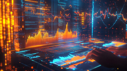 Futuristic Tech Data Analyst Working on Digital Interface with Orange and Blue Glowing Graphs