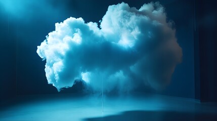Wall Mural - dramatic scene of a floating cloud in a dimly lit space with blue lighting effects, evoking a sense 