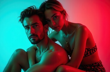 Wall Mural - Intimate moment shared between a couple under vibrant neon lights in a creative studio setting during a late evening photoshoot