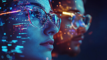 Futuristic Tech Digital Code Overlay on Faces Innovation Data Stream Glasses Programmers